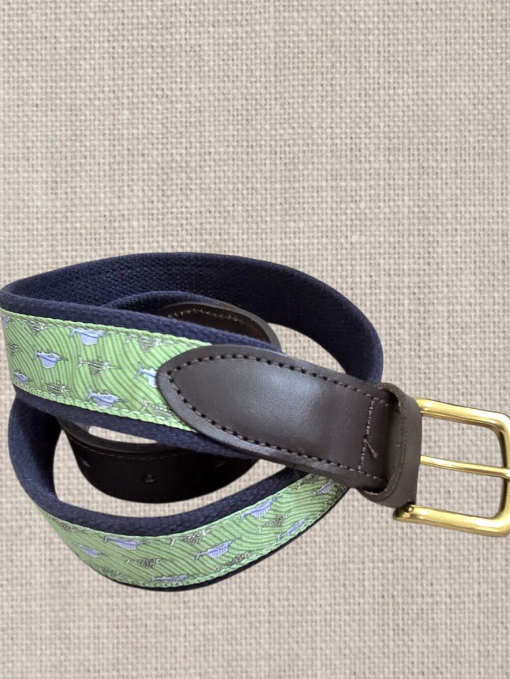 Vineyard Vines Preppy Embroidered Green Swordfish Canvas Club Belt Sz 32 USA